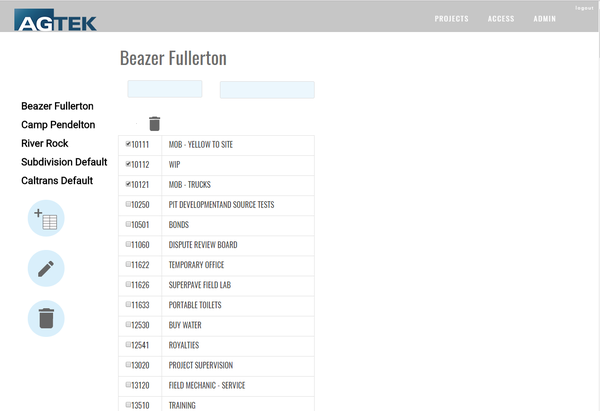 Cost Code base page